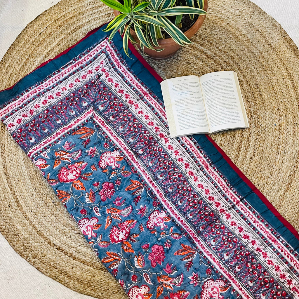 Red And Navy Blue Floral Print Super Soft Baby Quilt With Plain Red Border