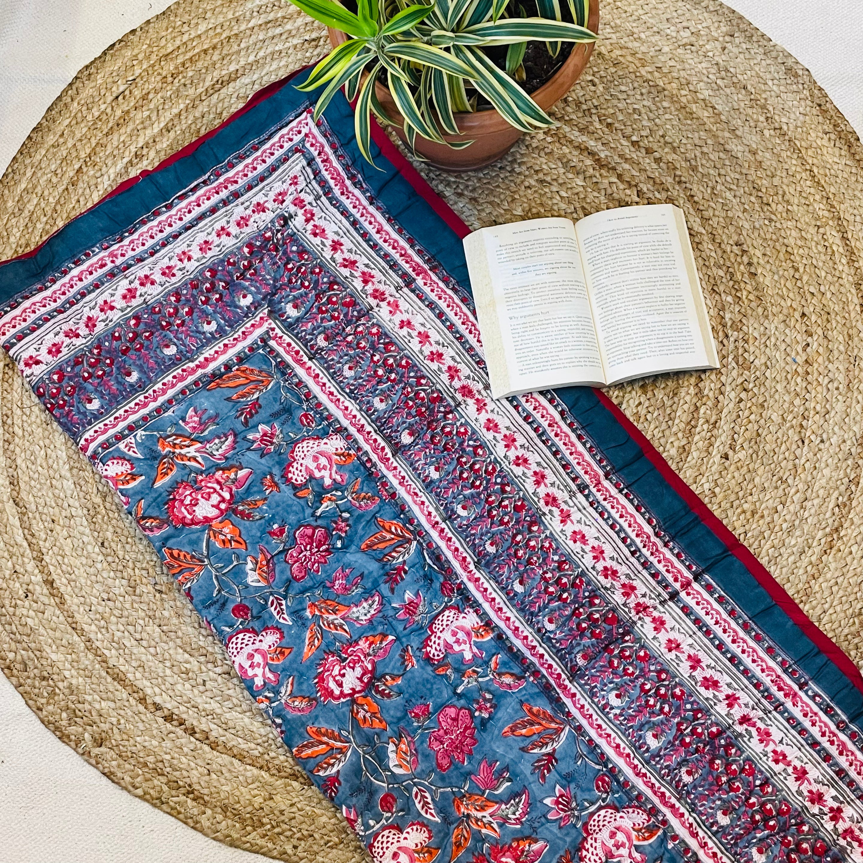 Red And Navy Blue Floral Print Super Soft Baby Quilt With Plain Red Border