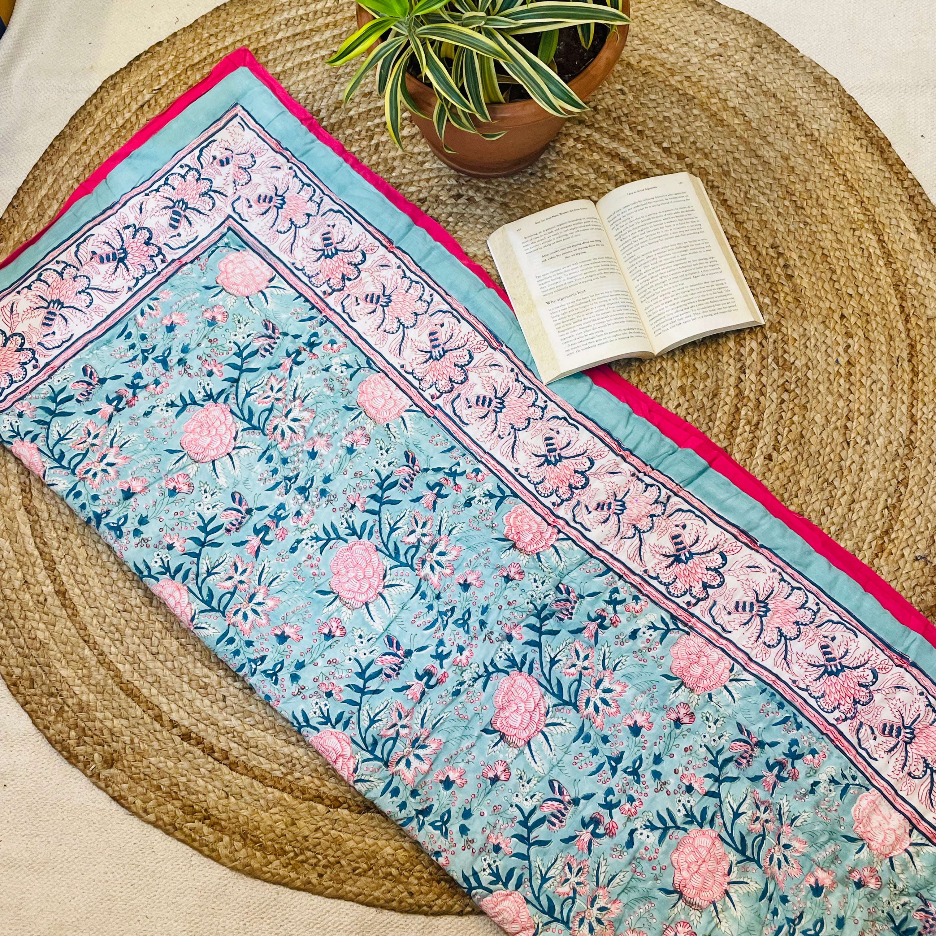 Blue Floral Baby Quilt with Pink Border