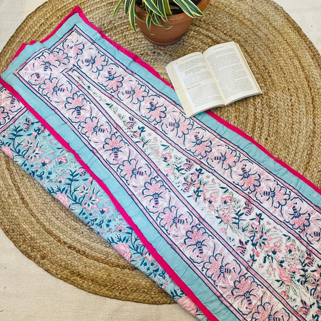 Blue Floral Baby Quilt with Pink Border