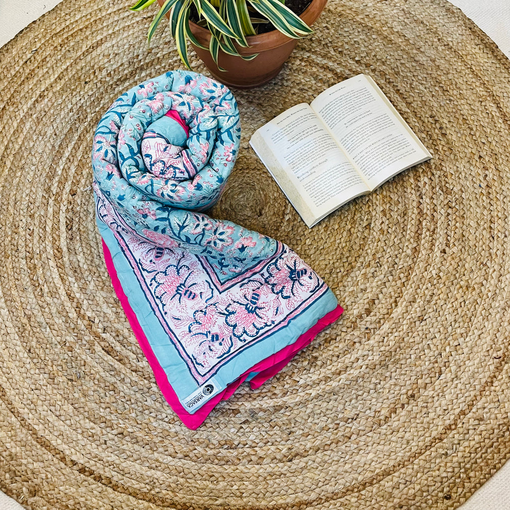 Blue Floral Baby Quilt with Pink Border