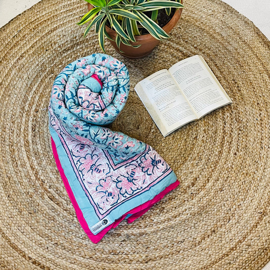 Blue Floral Baby Quilt with Pink Border