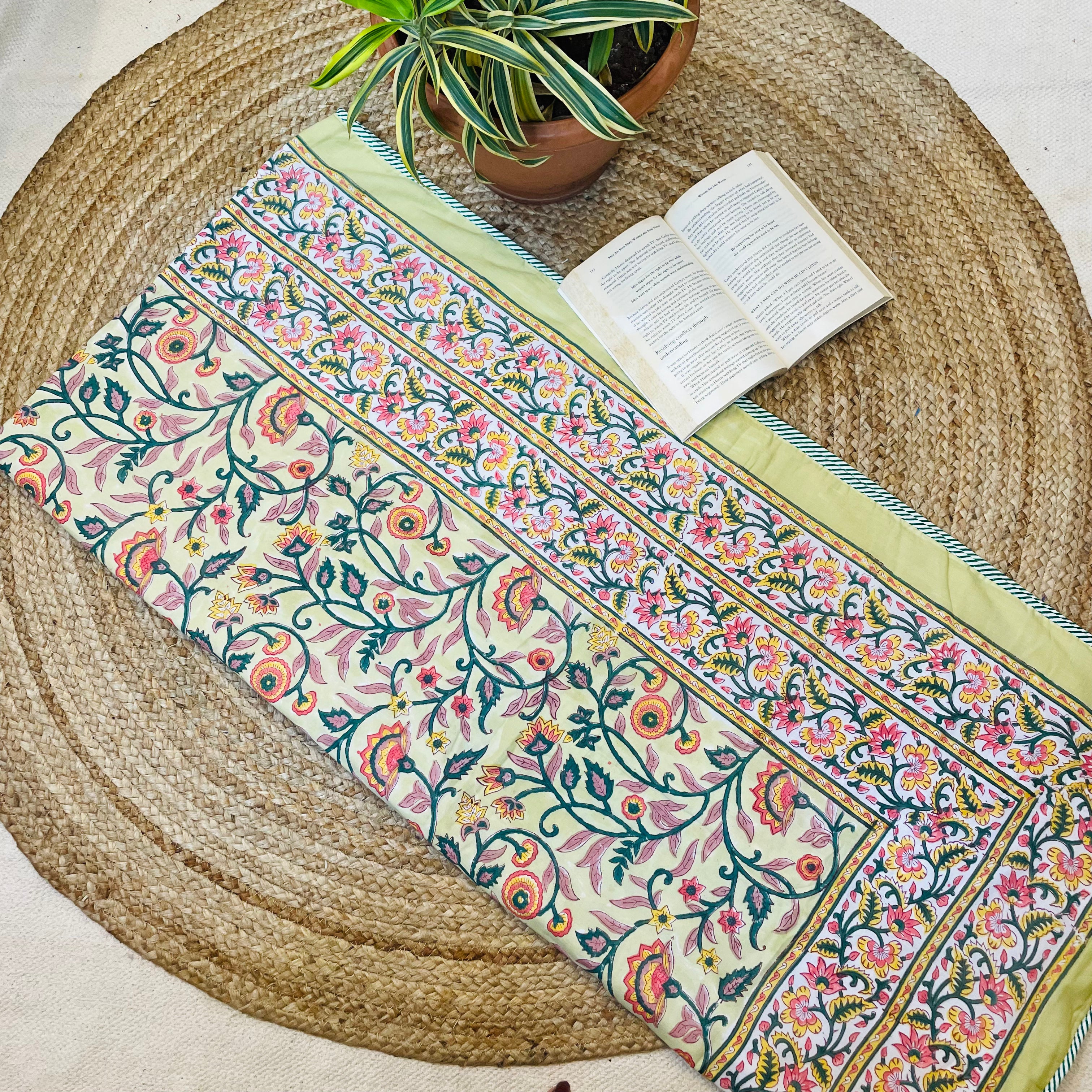 Yellow Floral Print Pure Cotton Reversible Dohar Single Bed Size