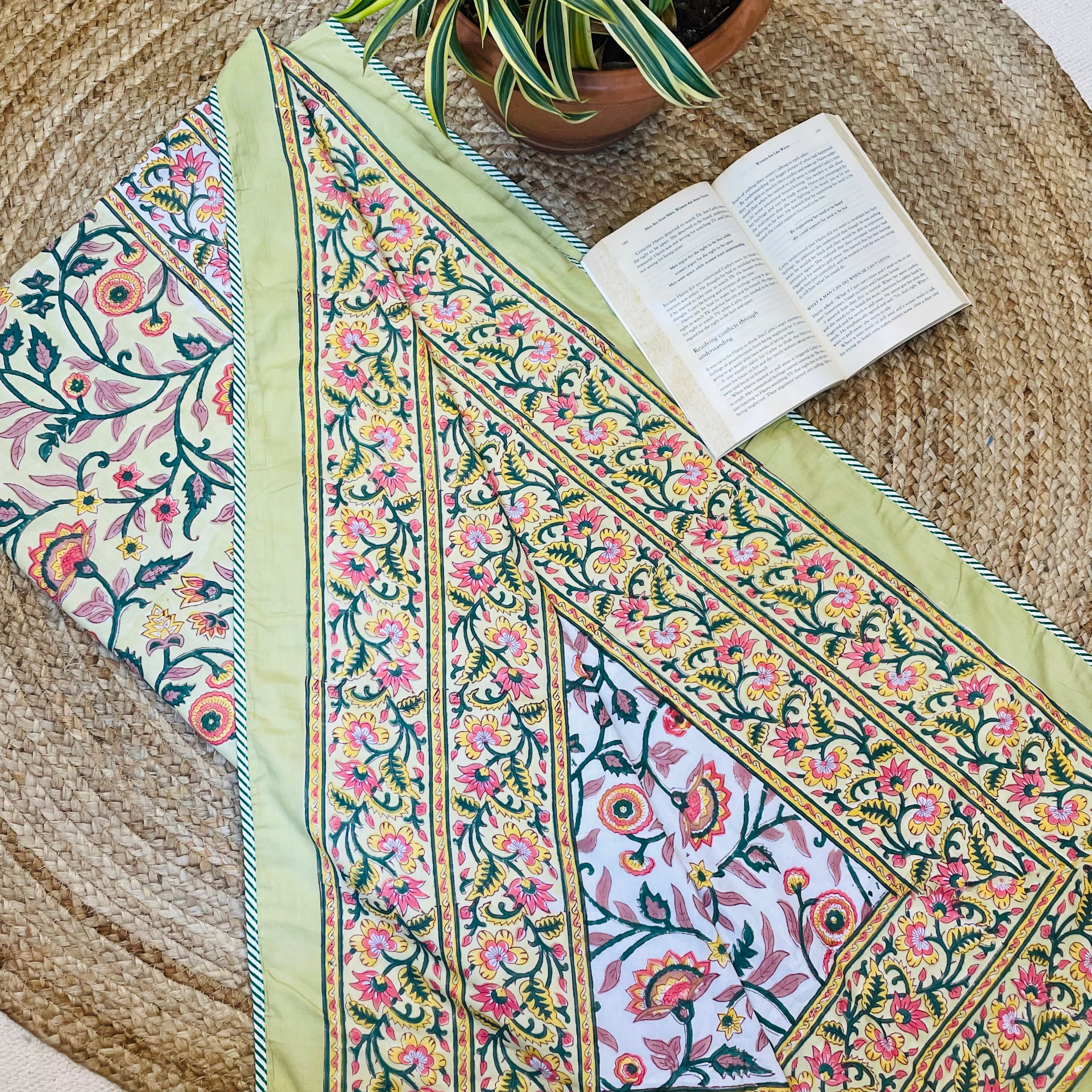 Yellow Floral Print Pure Cotton Reversible Dohar Single Bed Size