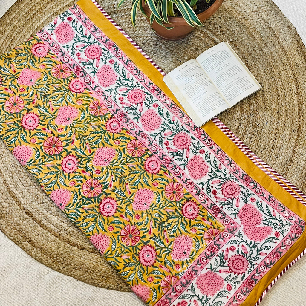 Mustard Yellow Floral Print Reversible Mul Cotton Dohar | Single Bed Size (60x90 in)