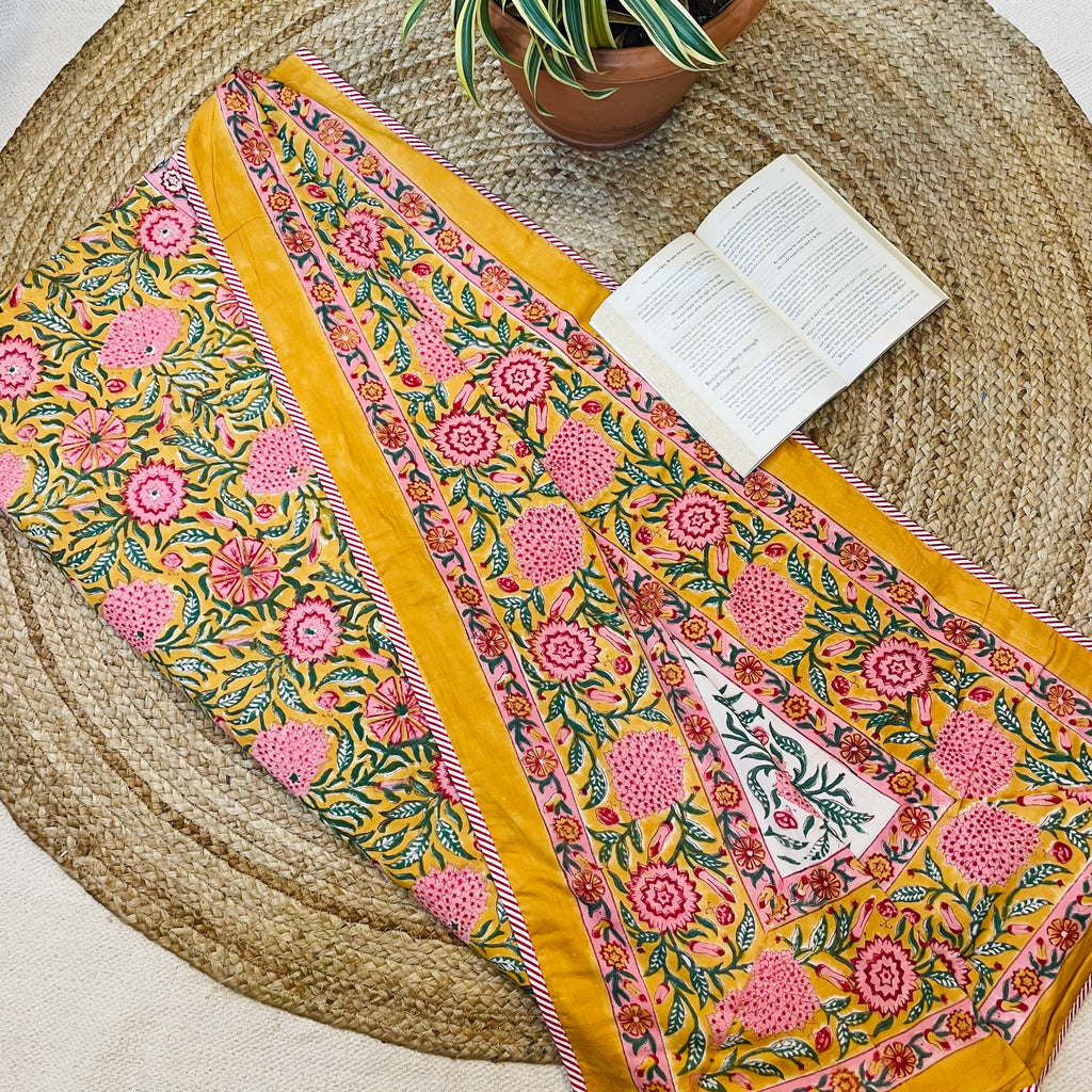 Mustard Yellow Floral Print Reversible Mul Cotton Dohar | Single Bed Size (60x90 in)