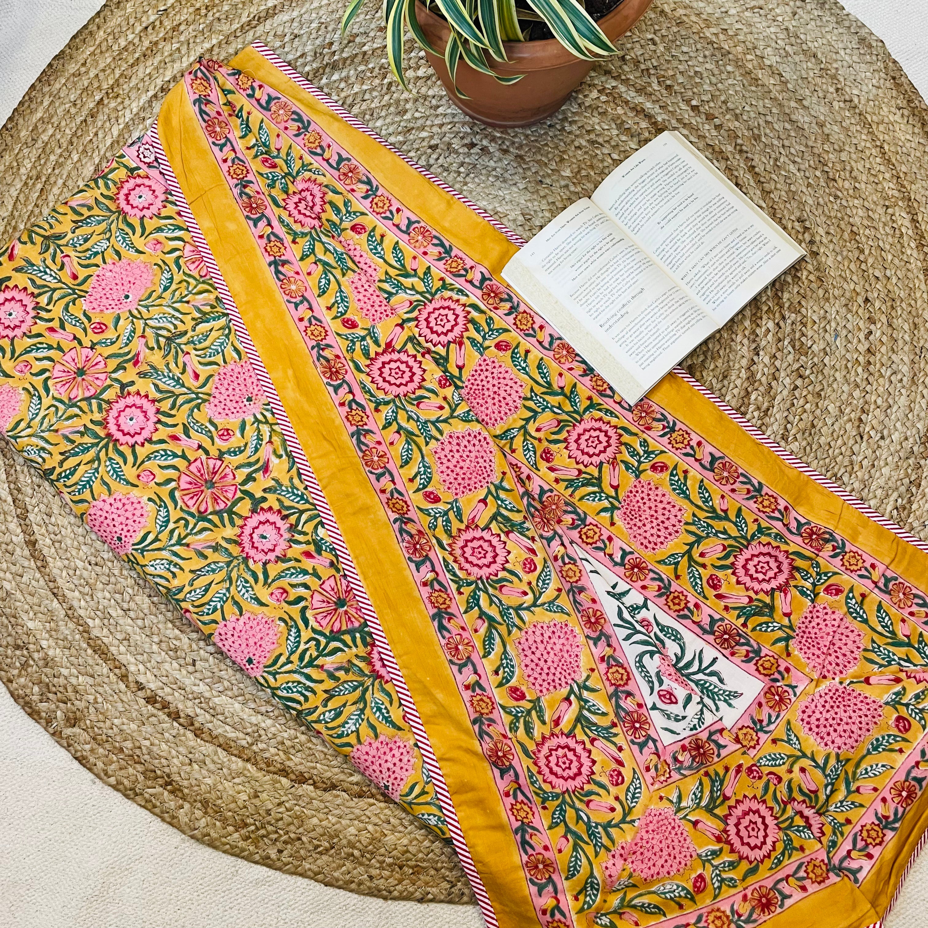 Mustard Yellow Floral Print Reversible Mul Cotton Dohar | Single Bed Size (60x90 in)