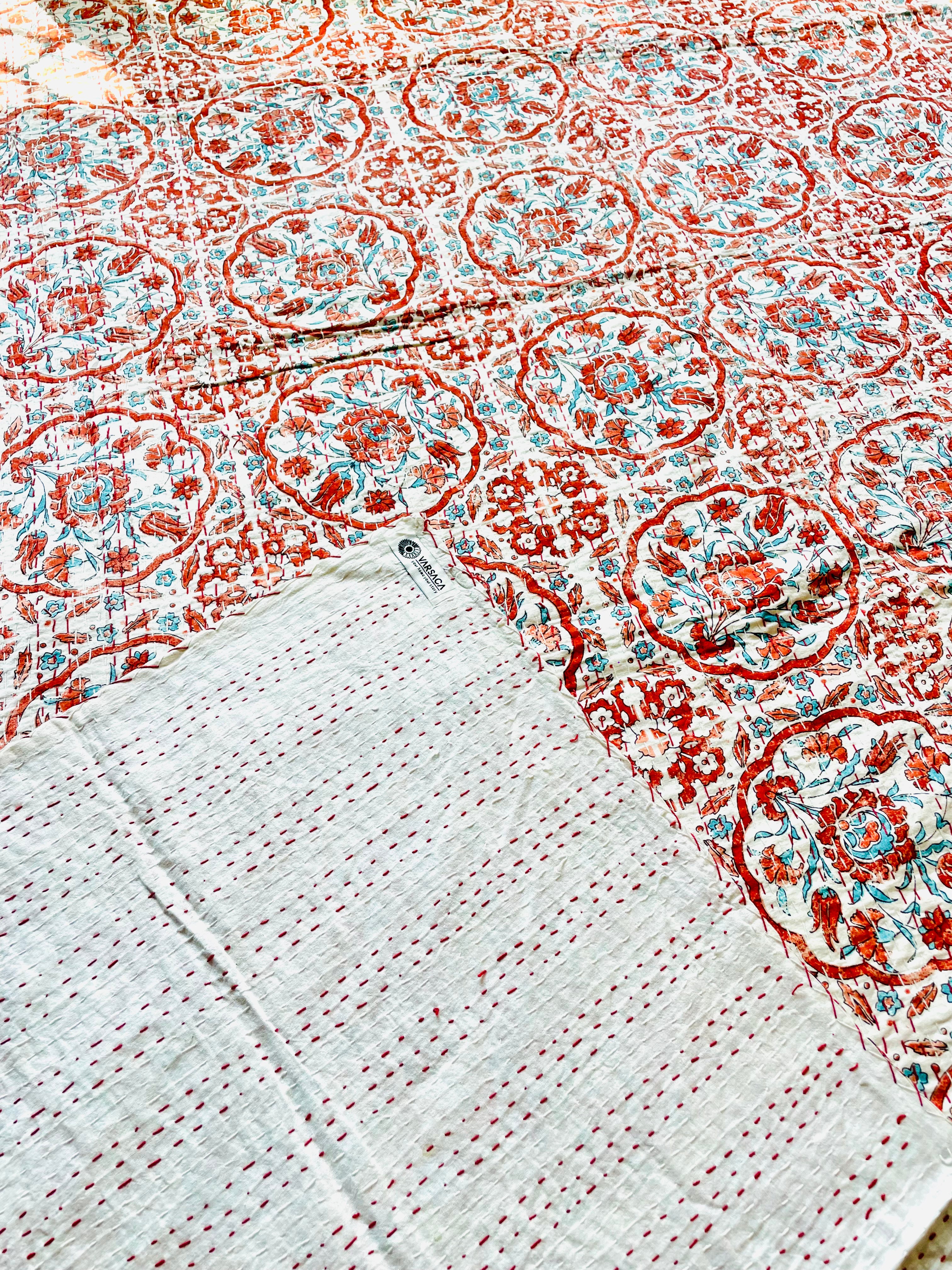 White and Brown Motif Kantha Bedcover | Handmade & Elegant