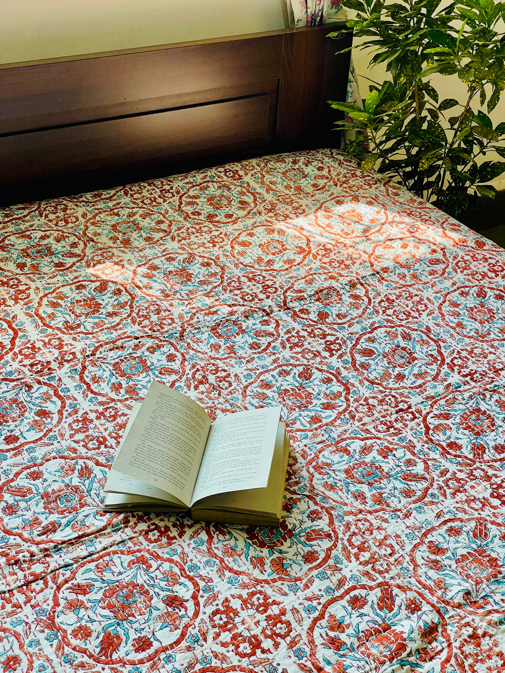 White and Brown Motif Kantha Bedcover | Handmade & Elegant