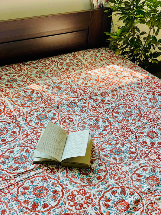 White and Brown Motif Kantha Bedcover | Handmade & Elegant