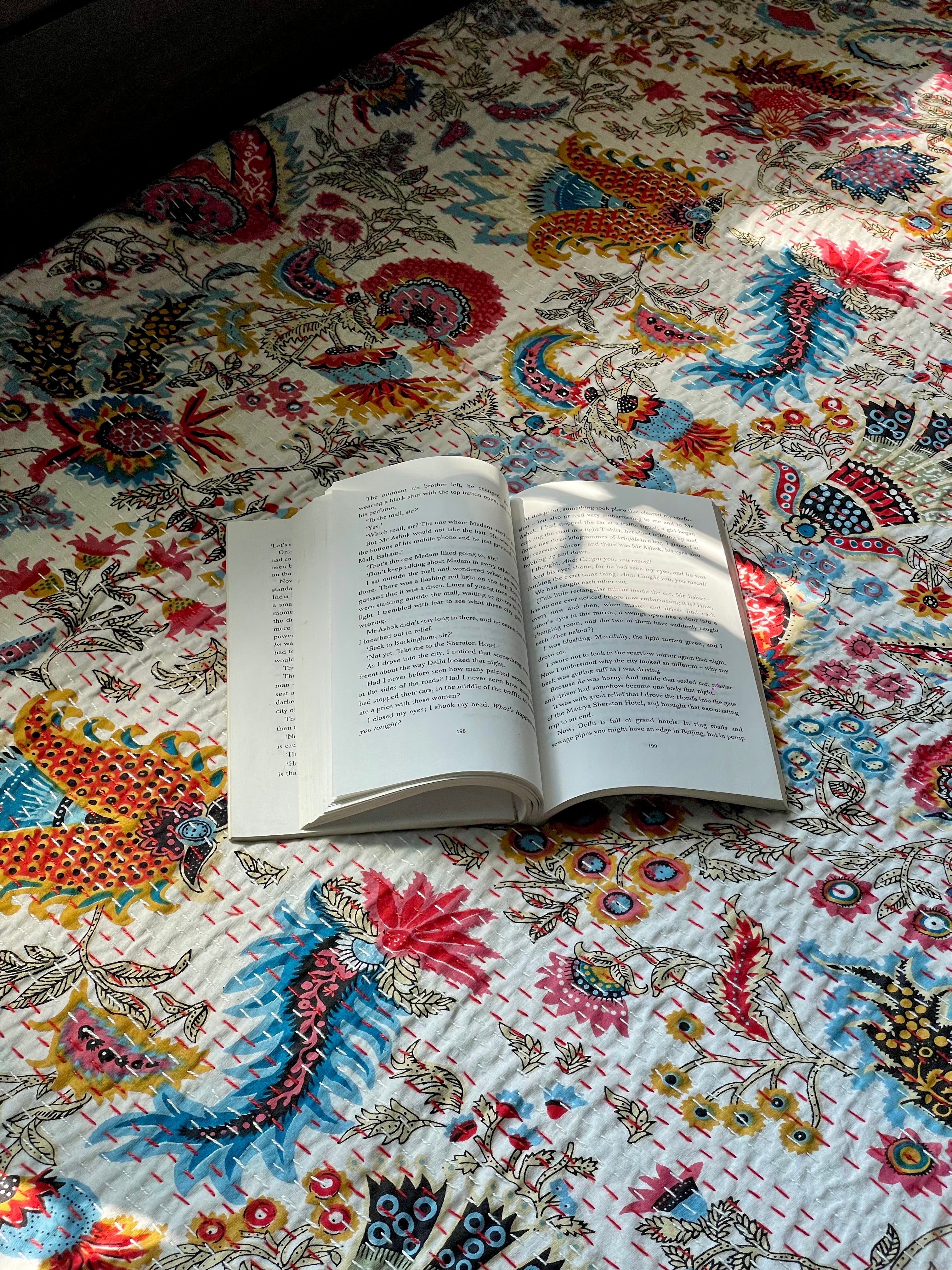 White Abstract Dragon Print Kantha Bedcover | Handmade & Artistic