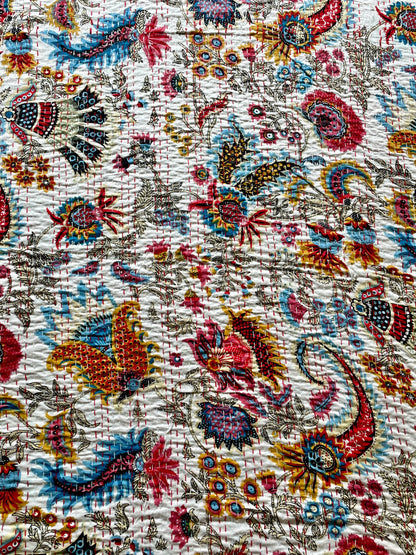 White Abstract Dragon Print Kantha Bedcover | Handmade & Artistic