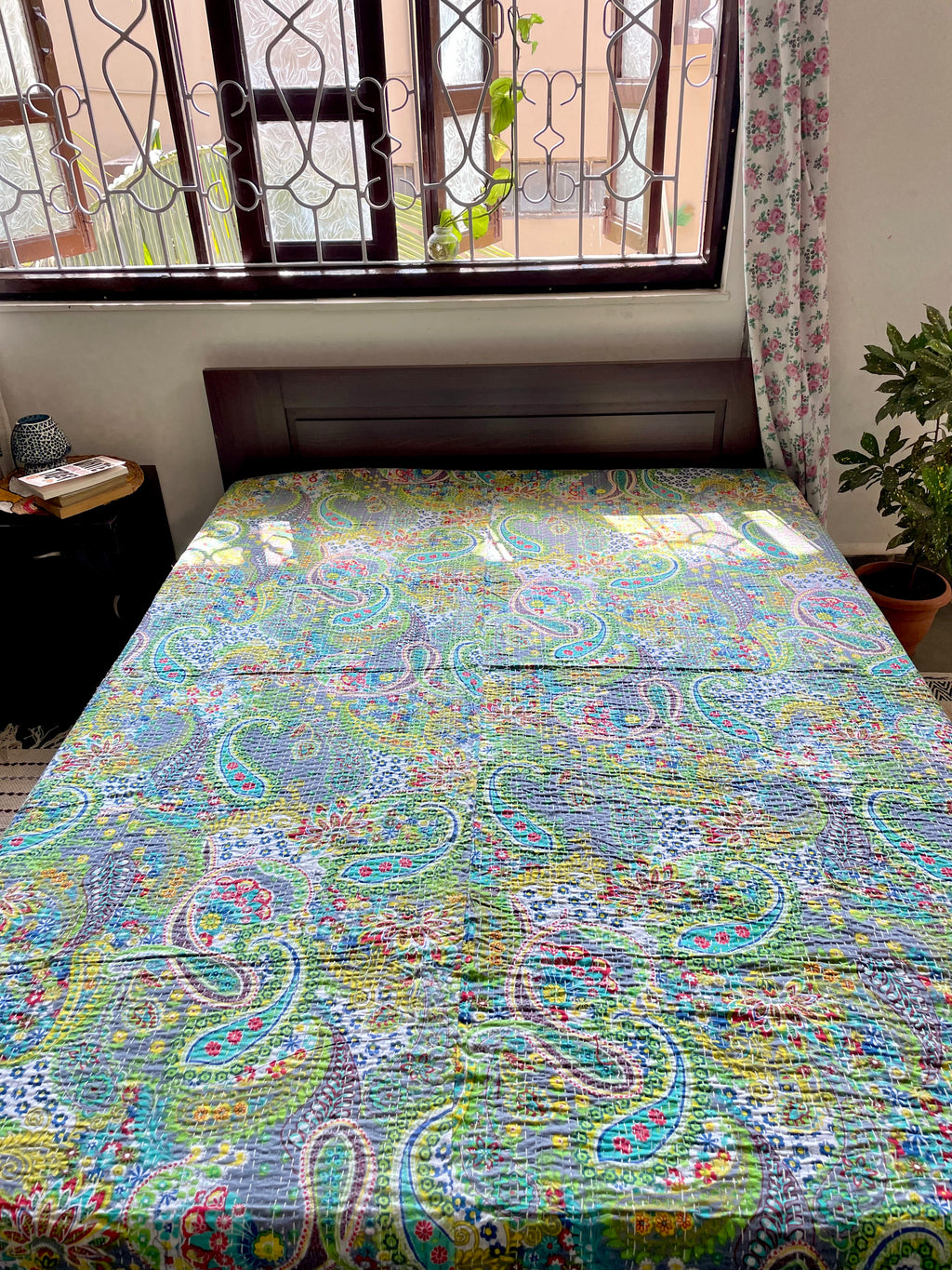 Grey and Green Paisley Print Kantha Bedcover | Handmade & Elegant