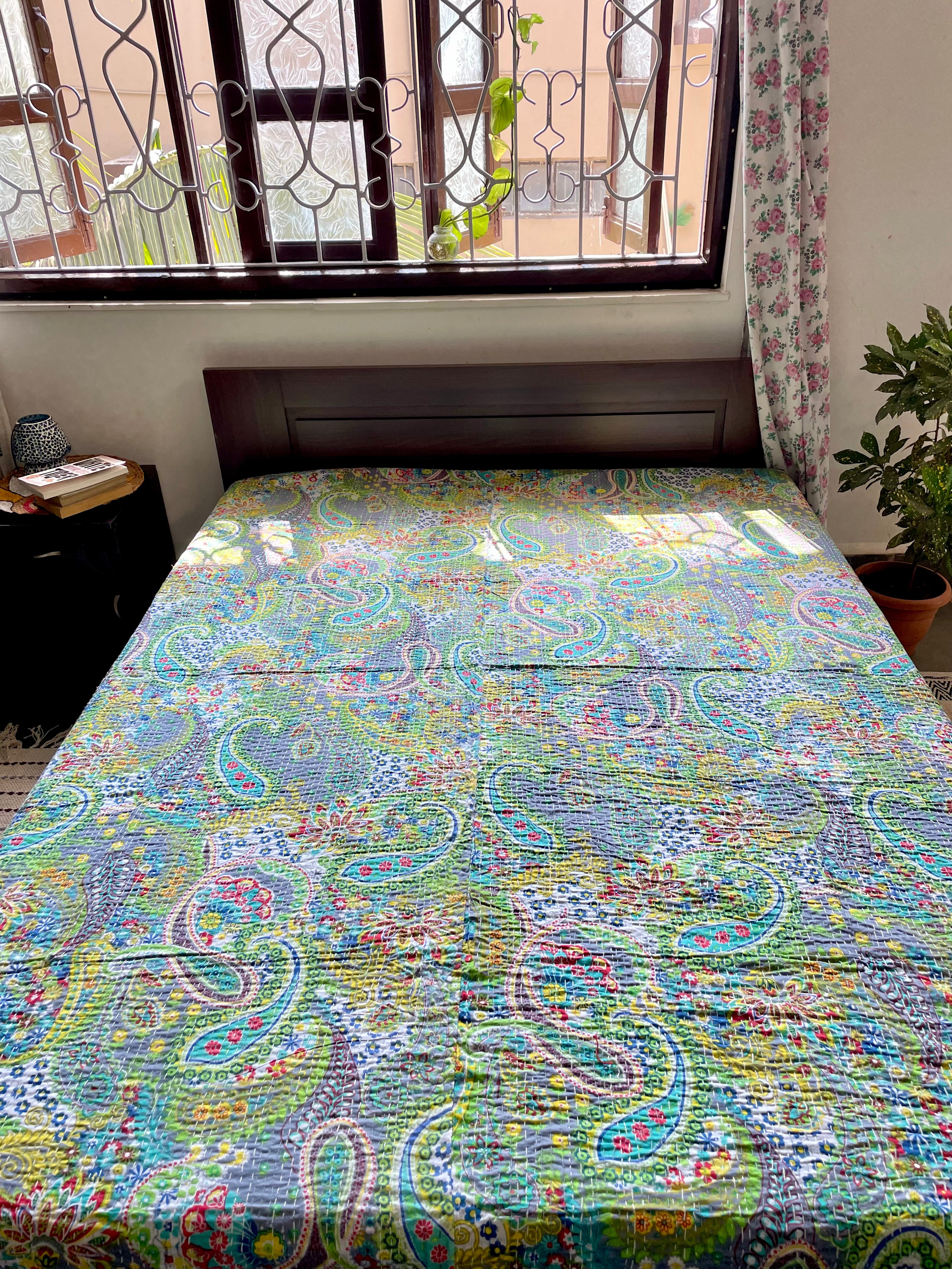Grey and Green Paisley Print Kantha Bedcover | Handmade & Elegant