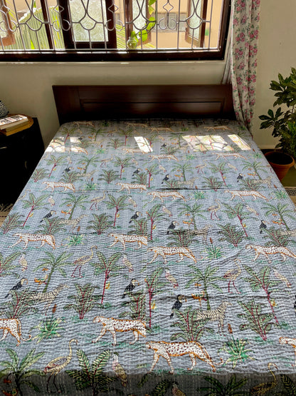 Grey Animal Print Kantha Bedcover | Reversible & Handmade