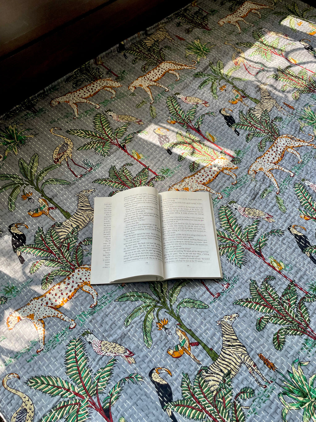 Grey Animal Print Kantha Bedcover | Reversible & Handmade