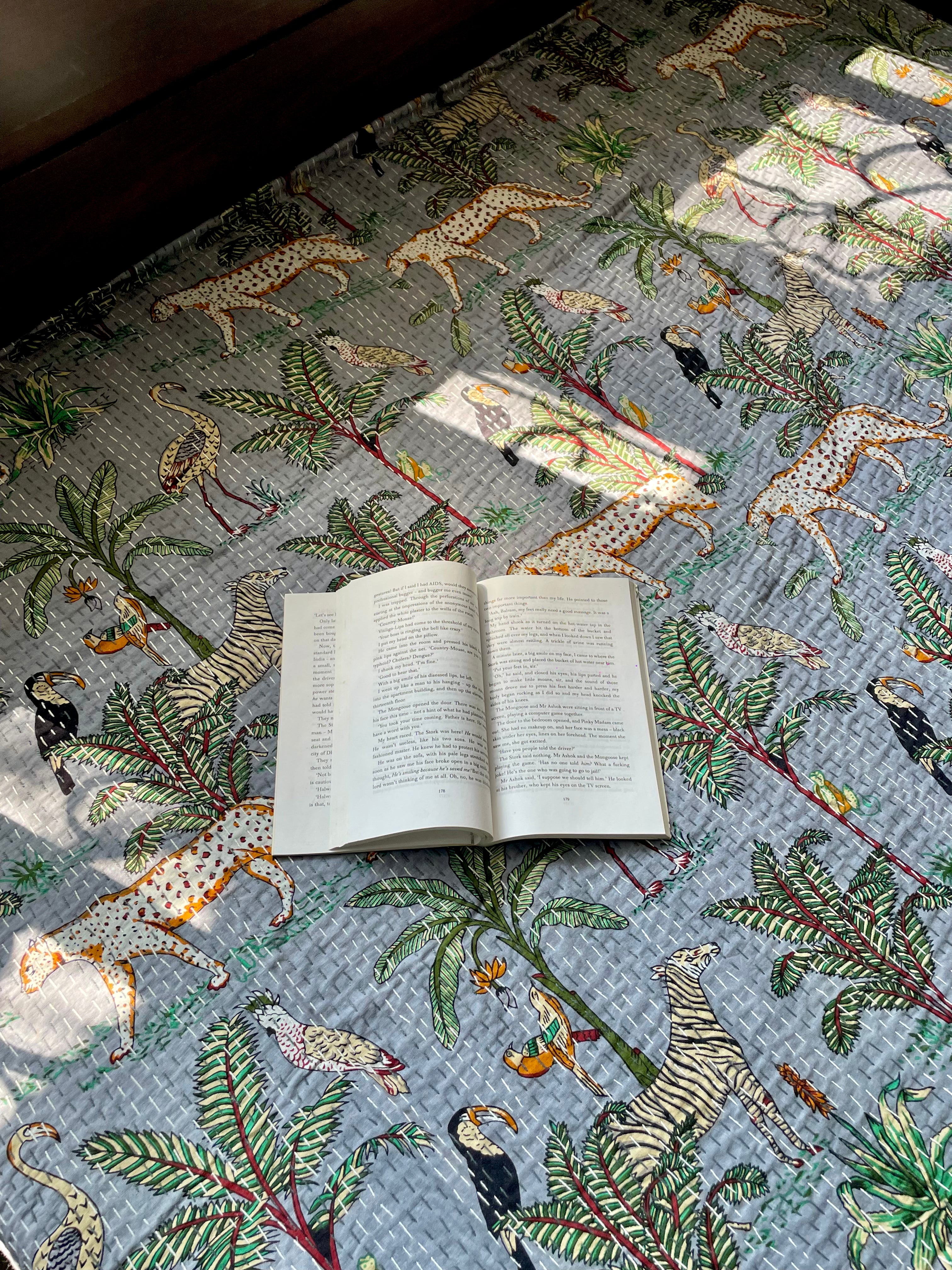 Grey Animal Print Kantha Bedcover | Reversible & Handmade