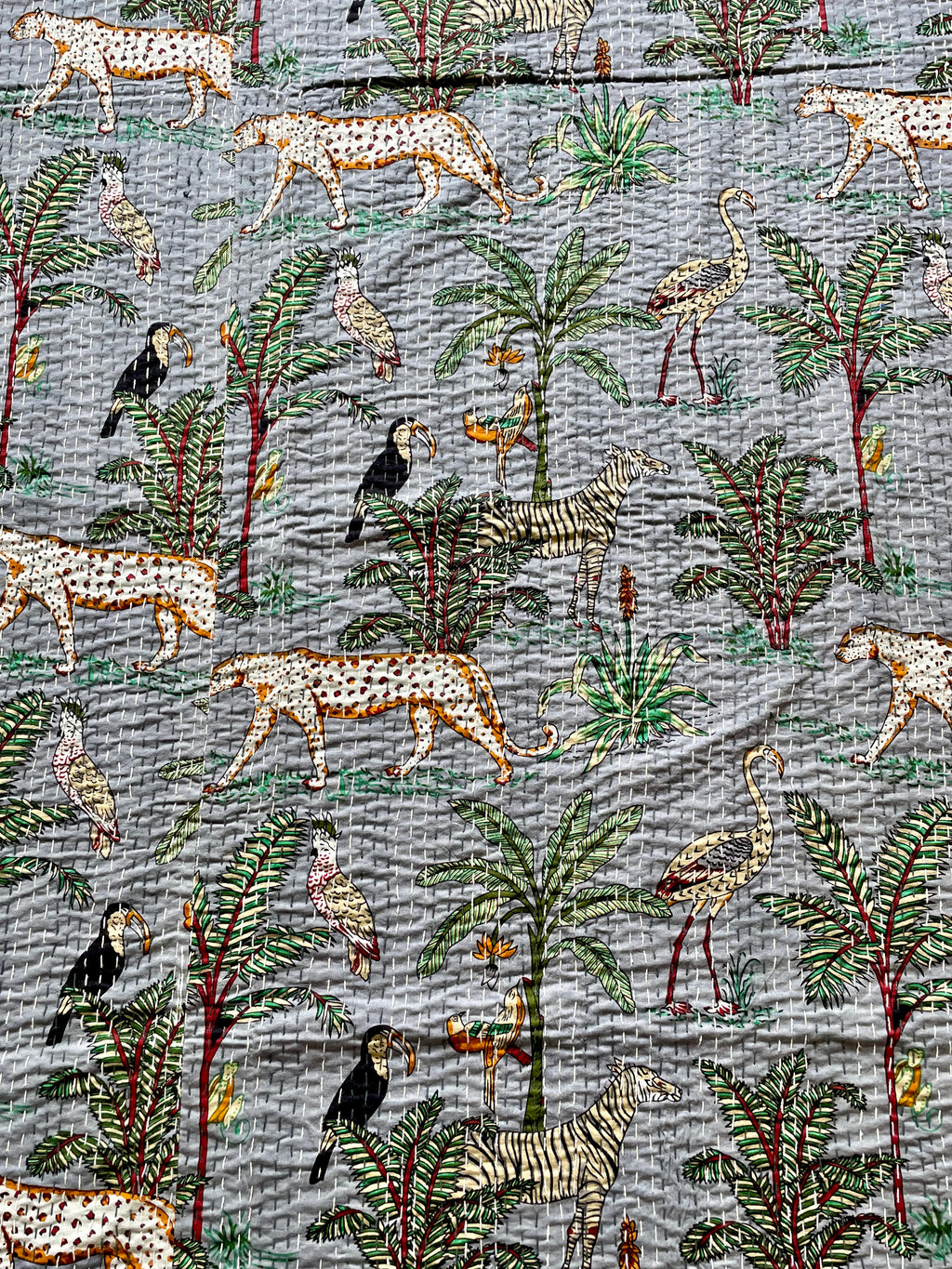 Grey Animal Print Kantha Bedcover | Reversible & Handmade