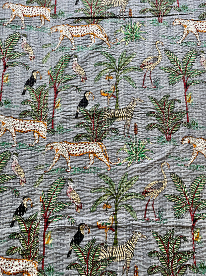 Grey Animal Print Kantha Bedcover | Reversible & Handmade