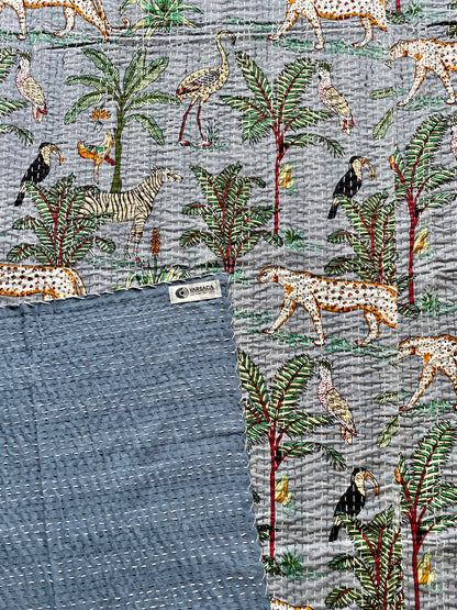 Grey Animal Print Kantha Bedcover | Reversible & Handmade