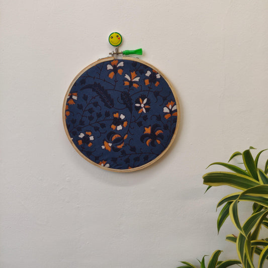 Indigo Blue Embroidery Hoop with Orange Floral Motifs – Upcycled Fabric | Multiple Sizes