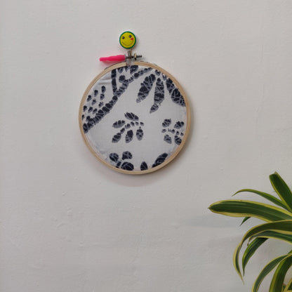 White Fabric Embroidery Hoop with Black Abstract Motifs – Upcycled Material | Multiple Sizes