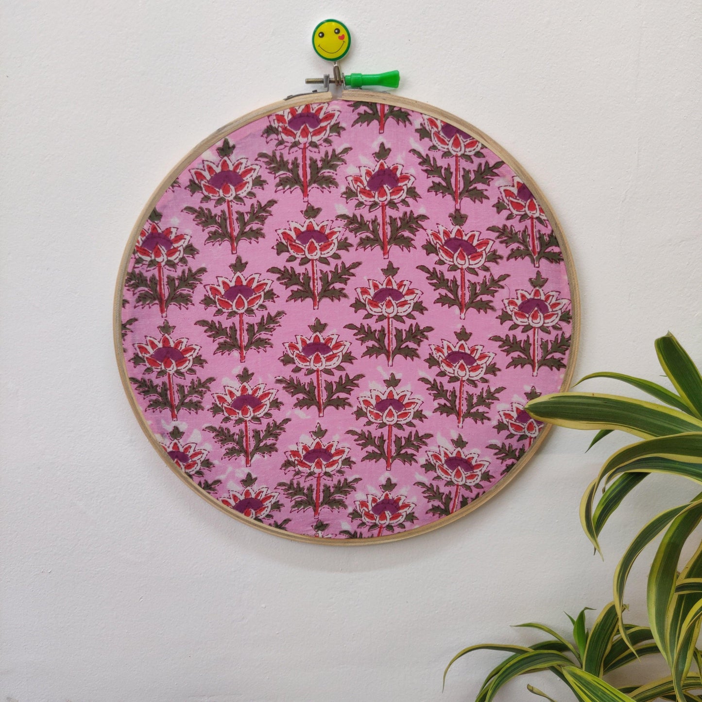 Pink Floral Lotus Motif Embroidery Hoop – Upcycled Fabric | Multiple Sizes