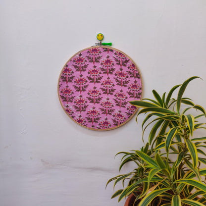 Pink Floral Lotus Motif Embroidery Hoop – Upcycled Fabric | Multiple Sizes