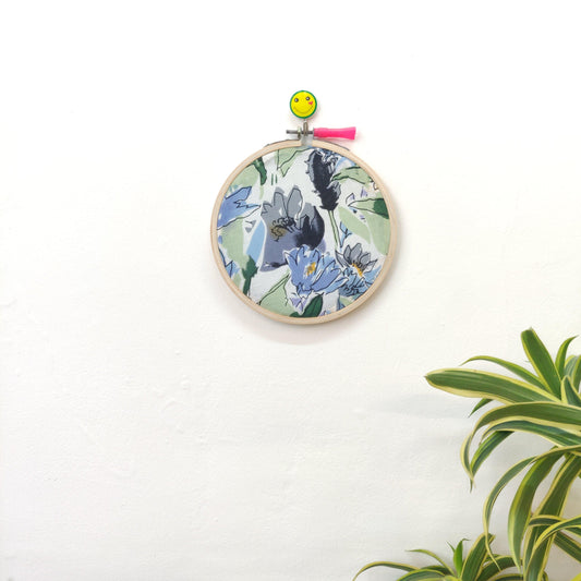 Watercolor Print Embroidery Hoop – White, Grey Blue, Black | Upcycled Fabric | Multiple Sizes