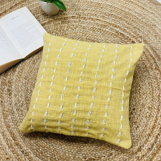 Yellow Slub Cotton Cushion Cover – Handcrafted with Elegant Thread Work