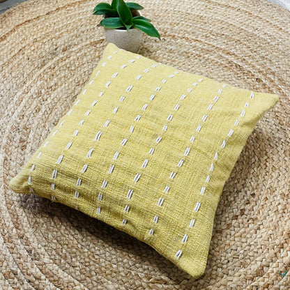 Yellow Slub Cotton Cushion Cover – Handcrafted with Elegant Thread Work