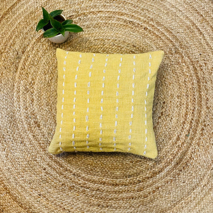 Yellow Slub Cotton Cushion Cover – Handcrafted with Elegant Thread Work