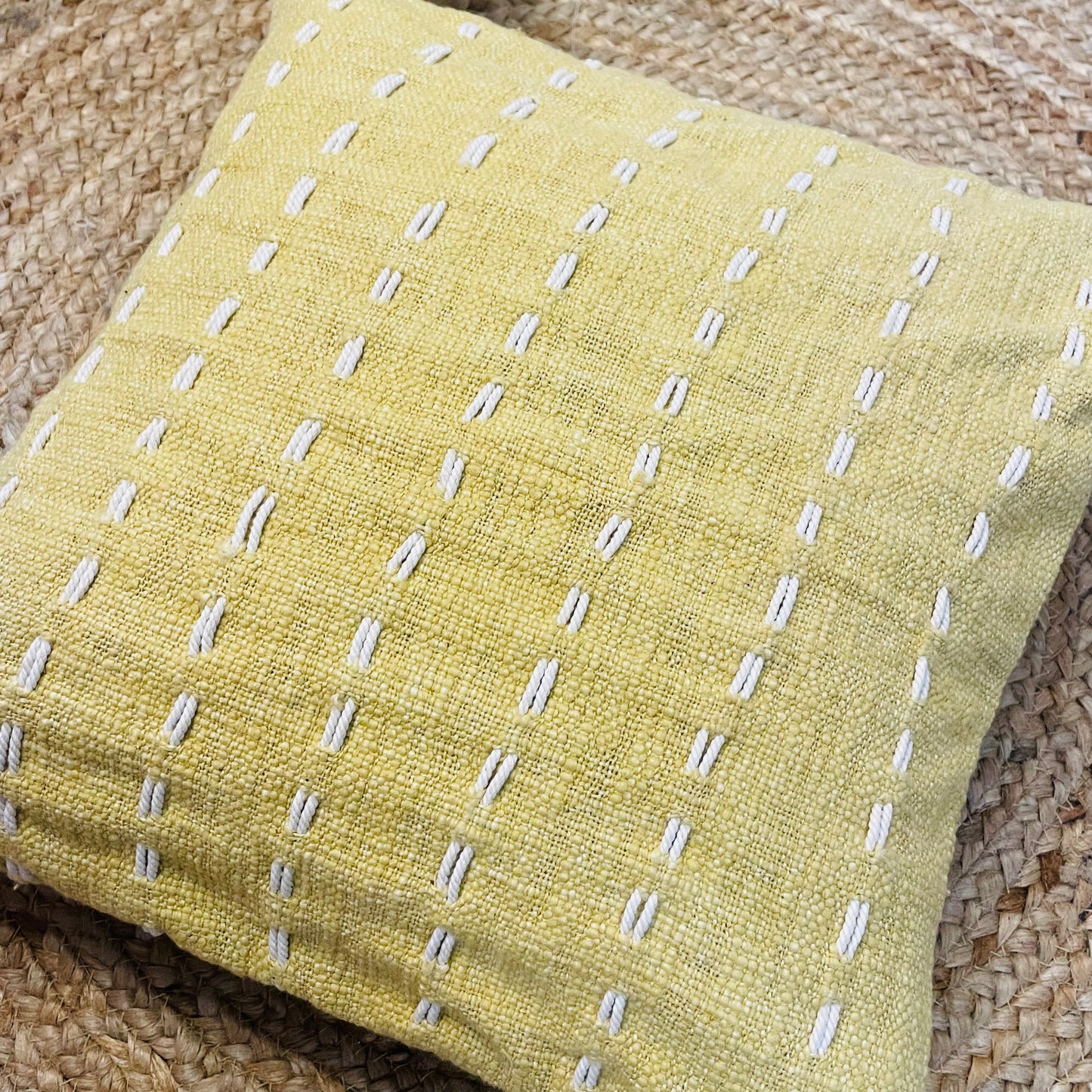 Yellow Slub Cotton Cushion Cover – Handcrafted with Elegant Thread Work