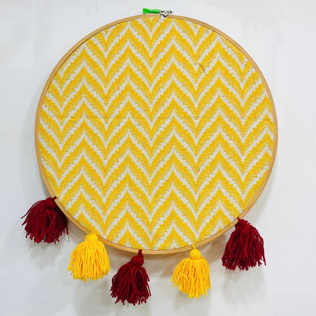 Geometric Embroidery Hoop Wall Art | 18 Inch | Handloom Yellow & White Zigzag Recycled Cotton Decor with Woollen tassels