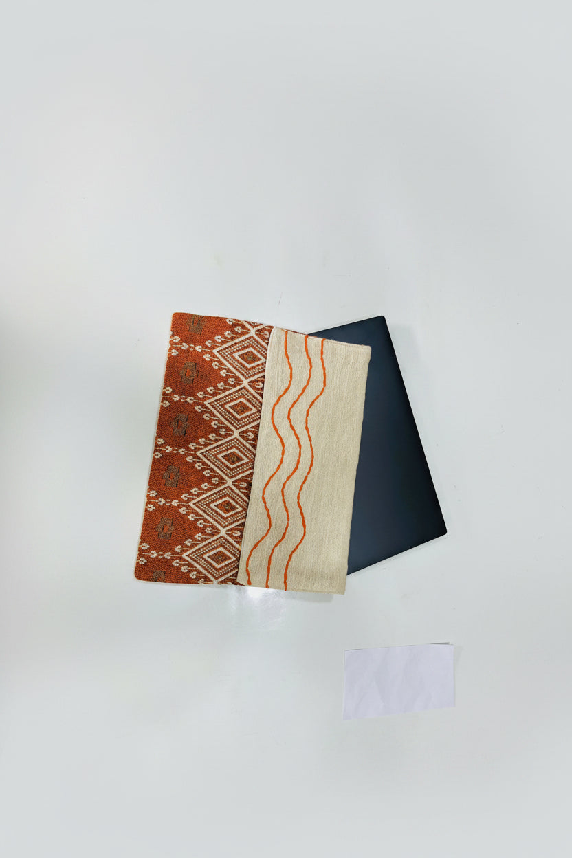 Handcrafted Jute Cotton Laptop Sleeve | Rust Diamond Jacquard & Hand-Stitched