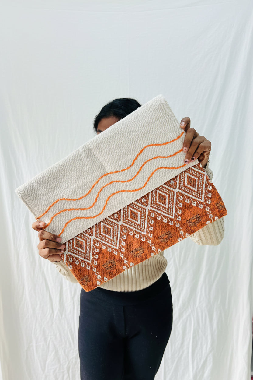 Handcrafted Jute Cotton Laptop Sleeve | Rust Diamond Jacquard & Hand-Stitched