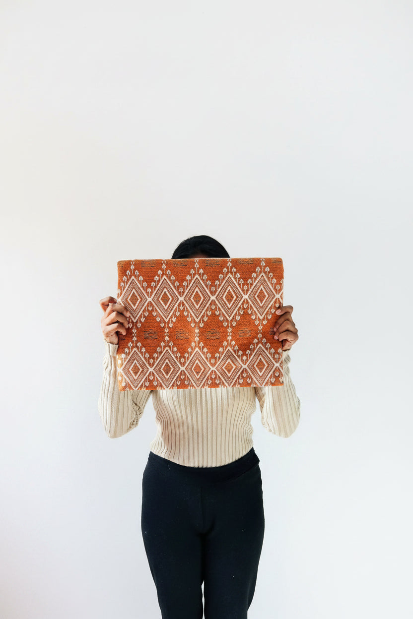 Handcrafted Jute Cotton Laptop Sleeve | Rust Diamond Jacquard & Hand-Stitched