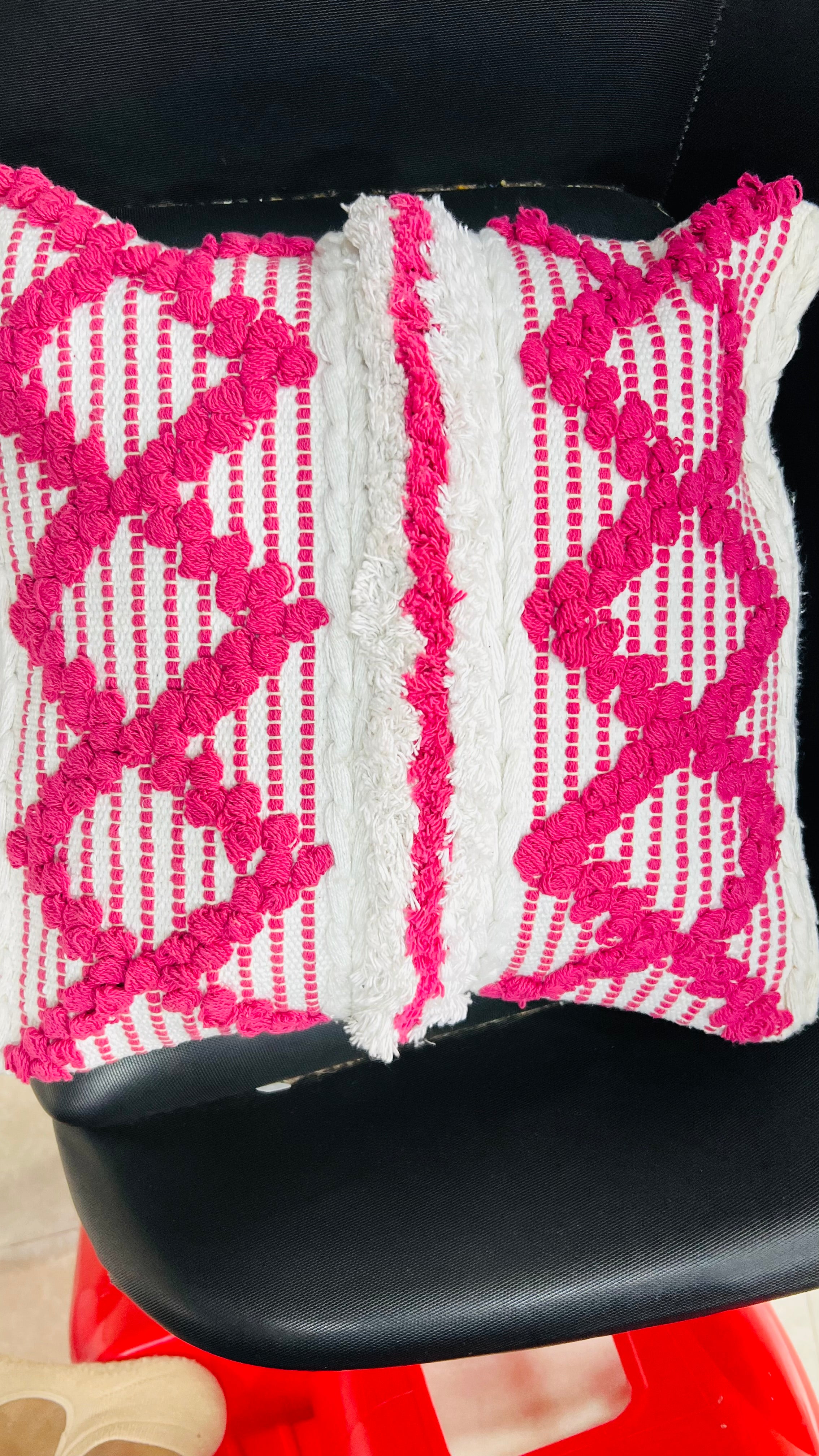 Vasaca Boho Pink Tufted Cotton Throw Pillow Cover | Handcrafted Geometric Cushion