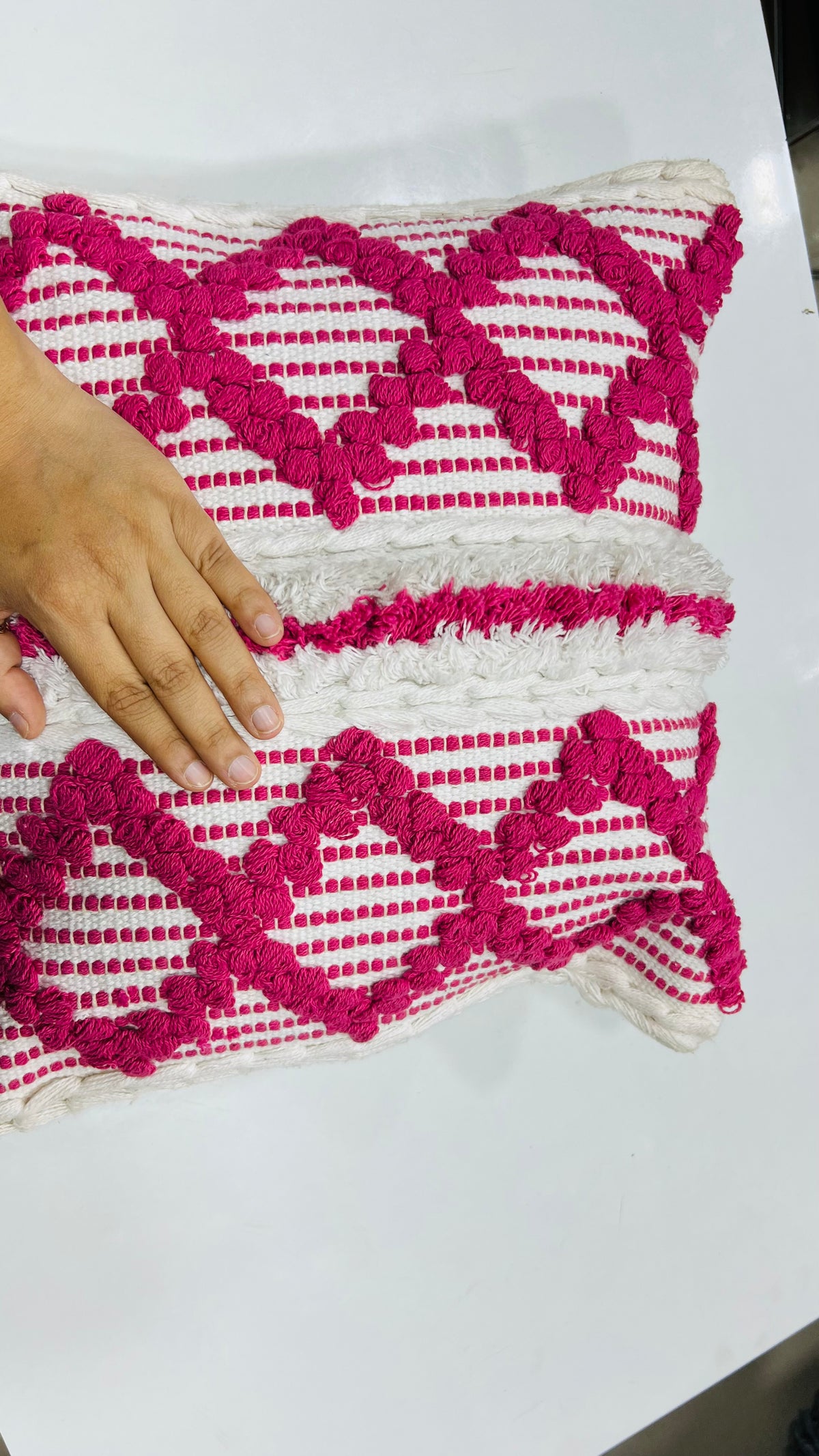 Vasaca Boho Pink Tufted Cotton Throw Pillow Cover | Handcrafted Geometric Cushion
