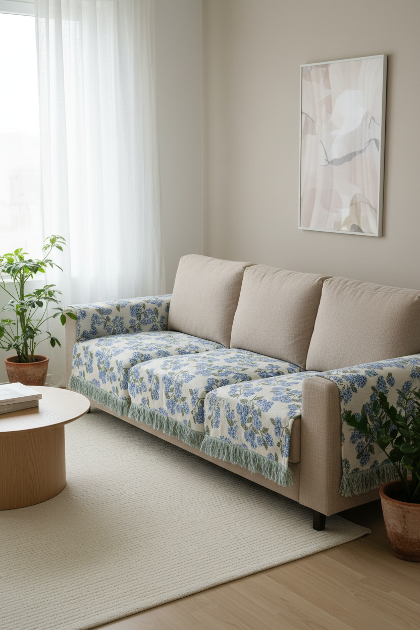Blue Hydrangea Cotton Sofa Cover | Floral Embroidered Seat Runner with Fringe