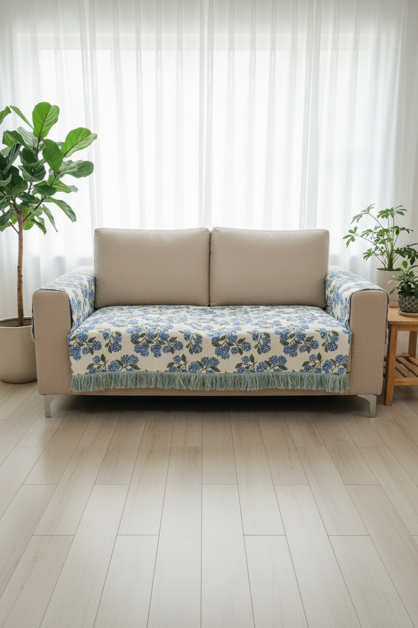 Blue Hydrangea Cotton Sofa Cover | Floral Embroidered Seat Runner with Fringe