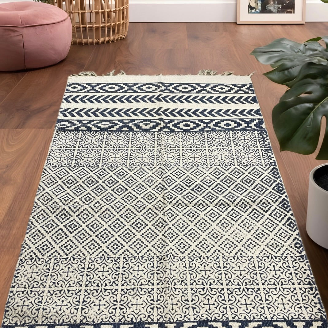 6x3 ft Black & White Leaf and Geometric Motif Cotton Dhurrie with Tassels