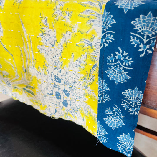 Yellow Handmade Kantha Work Table Runner with Indigo Border