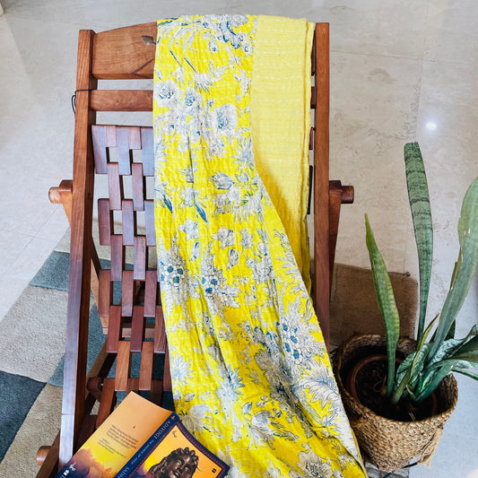 Yellow Floral Kantha Work Handmade Sofa Throw