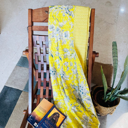 Yellow Floral Kantha Work Handmade Sofa Throw