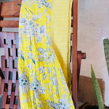 Yellow Floral Kantha Work Handmade Sofa Throw