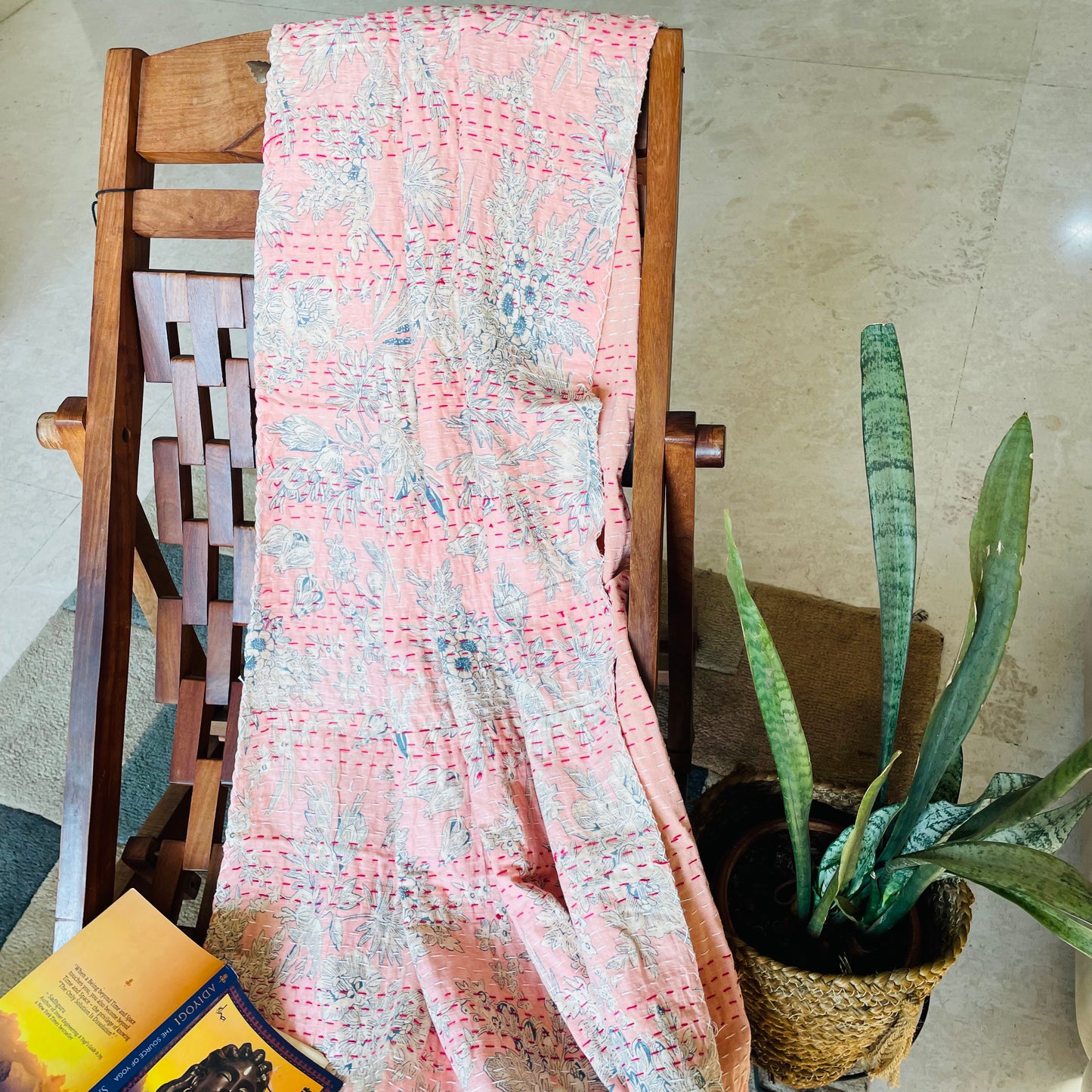 Reversible Peach Kantha Work Handmade Sofa Throw