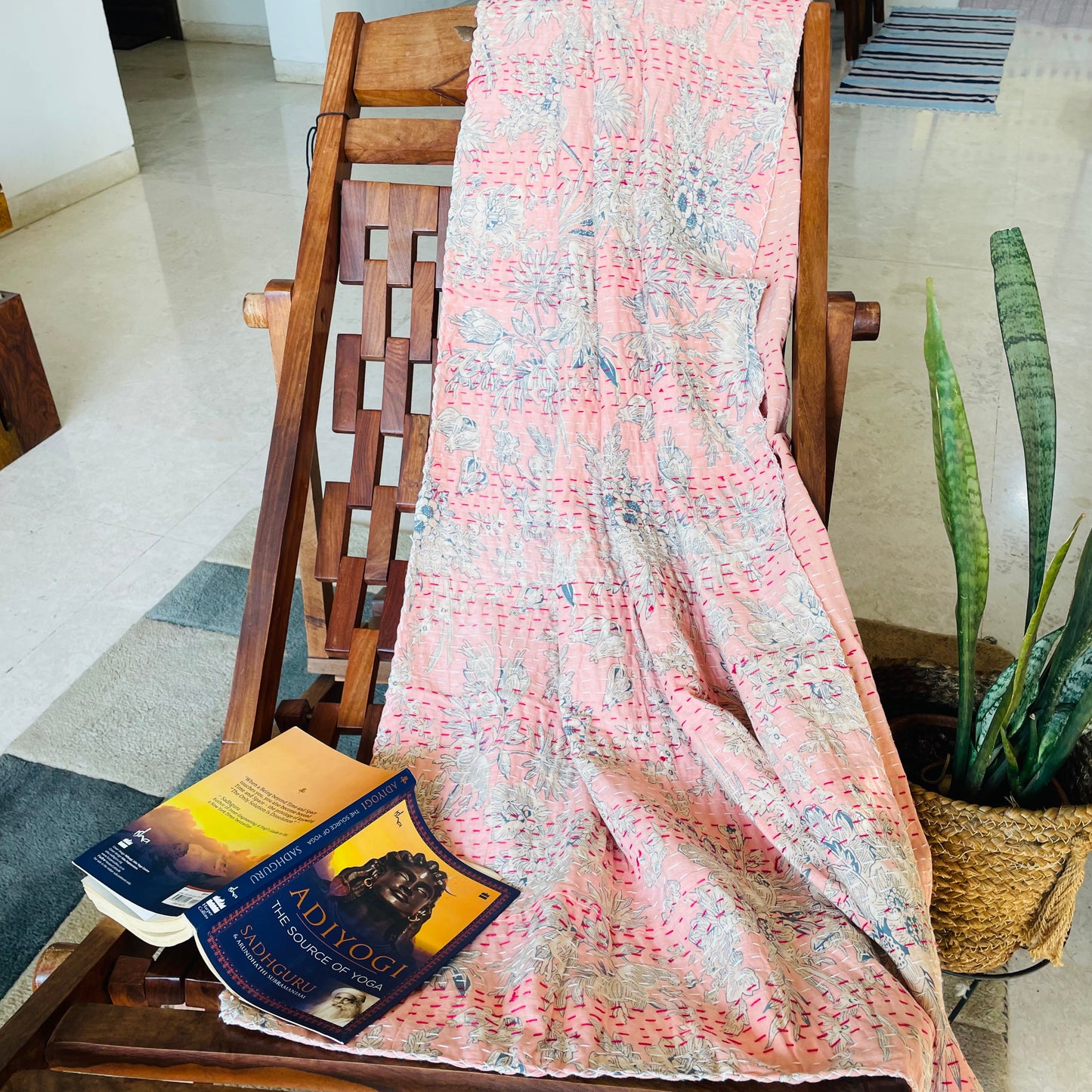 Reversible Peach Kantha Work Handmade Sofa Throw