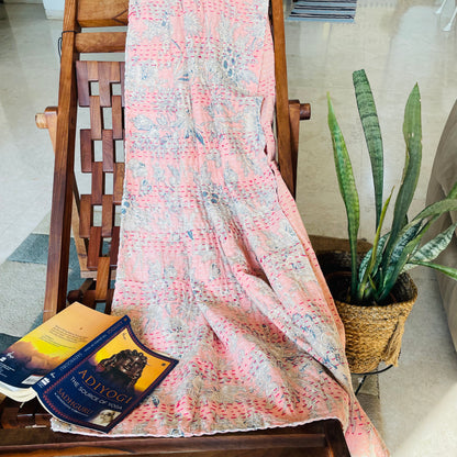 Reversible Peach Kantha Work Handmade Sofa Throw