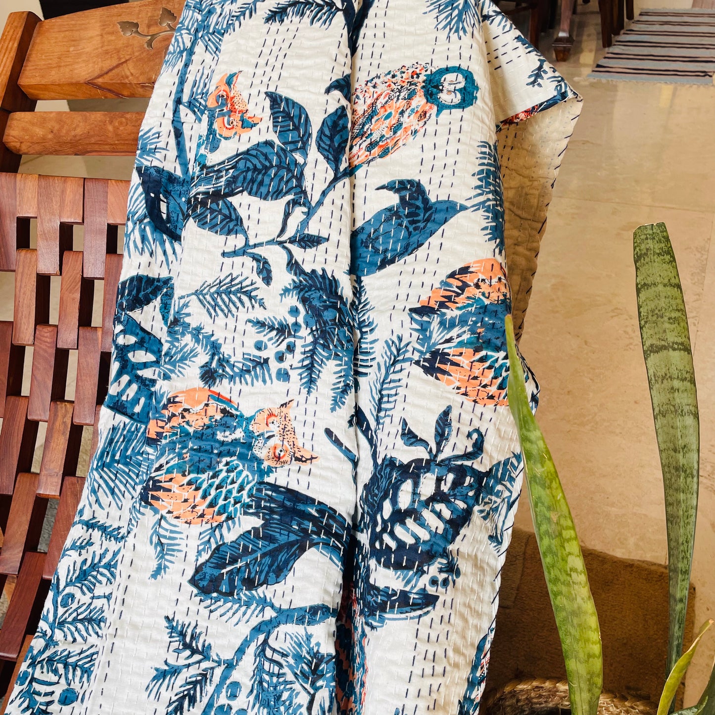 Handmade Kantha Work White And Blue Owl Print Sofa Throw